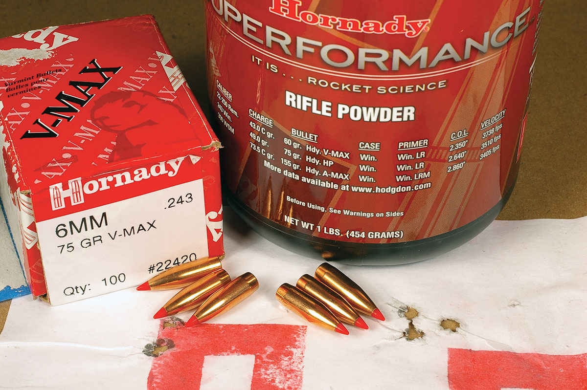 This .243 Winchester group was shot with Hornady 75-grain V-MAX bullets and SUPERFORMANCE powder.